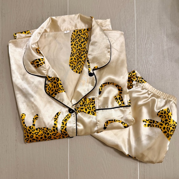 Two Piece Satin Leopard Pajamas Short Sleeve Button Down Top and Shorts Set - Picture 9 of 9